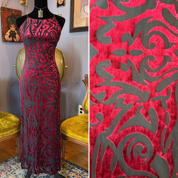 Betsey Johnson Dresses & Skirts - Vintage 90s/Y2K Betsey Johnson Blood Red Gothic Scroll Crushed Velvet Maxi Dress